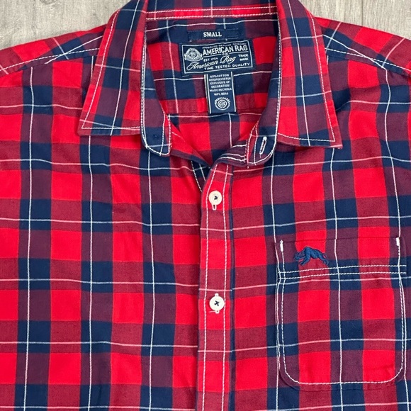 Men's American Rag Small Shirt Plaid Red Blue Long Sleeve Button Front Pocket - Picture 5 of 9